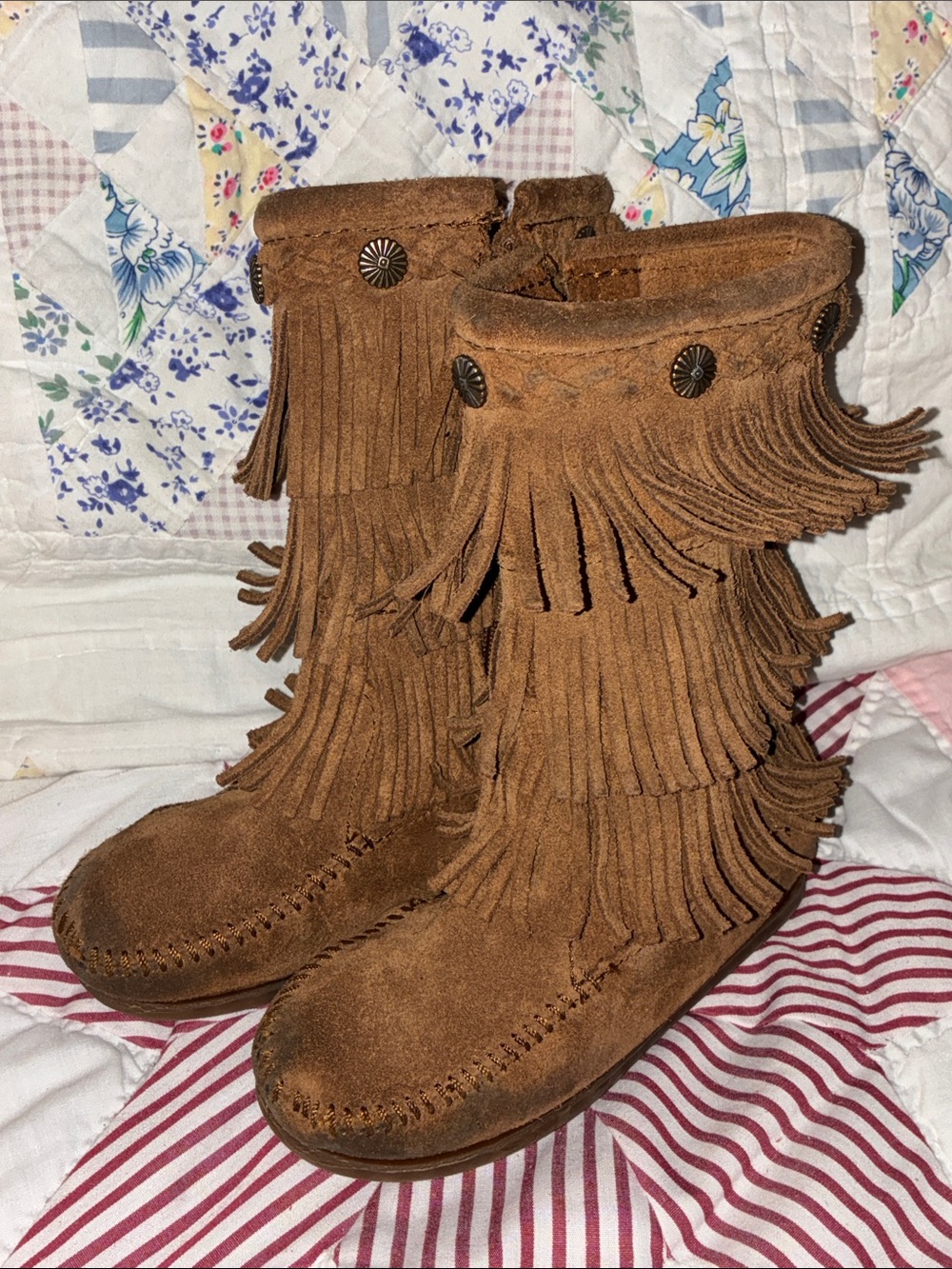 Minnetonka Brown Suede Fringe Moccasin Kids Boots